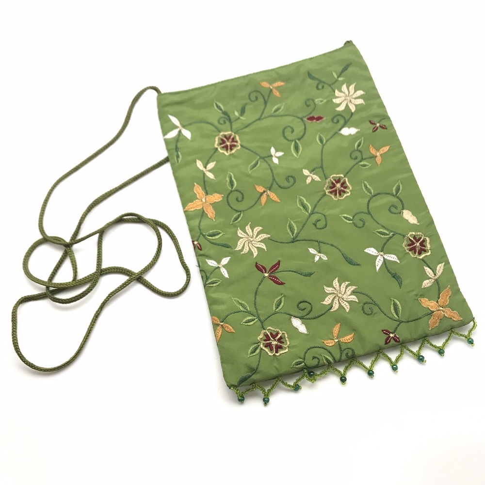 Crossbody Small Green Floral Silk Purse Handbag